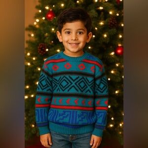 Kid’s Vintage Sweater, Retro Holiday Geometric Colorful 80s 90s 12/14